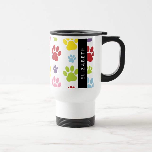 Colourful Paws, Paw Pattern, Dog Paws, Your Name Travel Mug (Right)