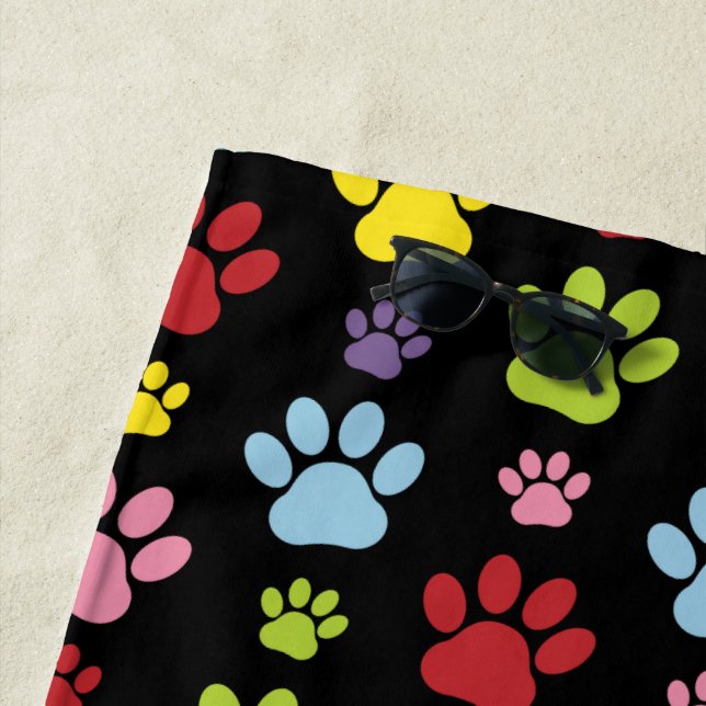 Colourful Paws, Paw Pattern, Paw Prints, Dog Paws Beach Towel (In Situ)
