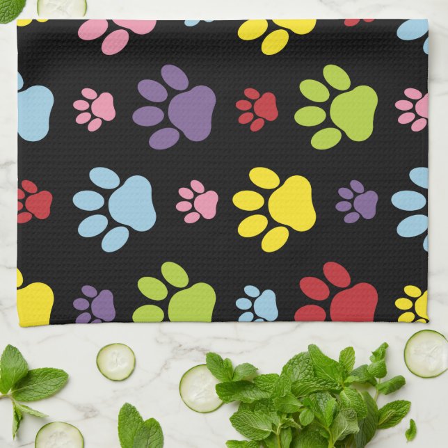 Colourful Paws, Paw Pattern, Paw Prints, Dog Paws Kitchen Towel (Folded)