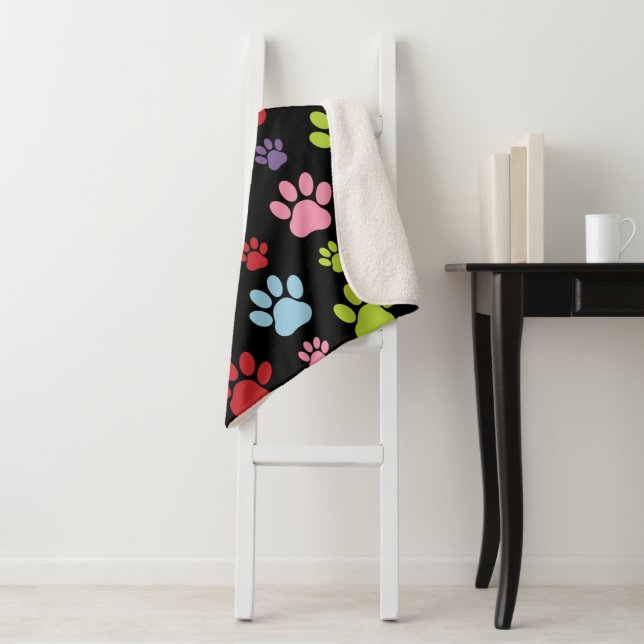 Colourful Paws, Paw Pattern, Paw Prints, Dog Paws Sherpa Blanket (In Situ)