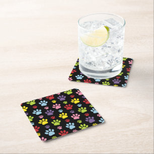 Colourful Paws, Paw Pattern, Paw Prints, Dog Paws Square Paper Coaster