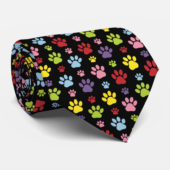 Colourful Paws, Paw Pattern, Paw Prints, Dog Paws Tie (Rolled)