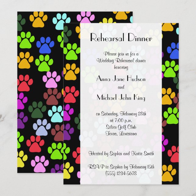Colourful Paws, Paw Pattern, Rehearsal Dinner Invitation (Front/Back)