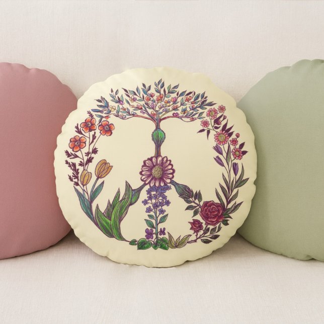Colourful Peace Floral Cute Boho Hippie Wholesome Round Pillow (Creator Uploaded)