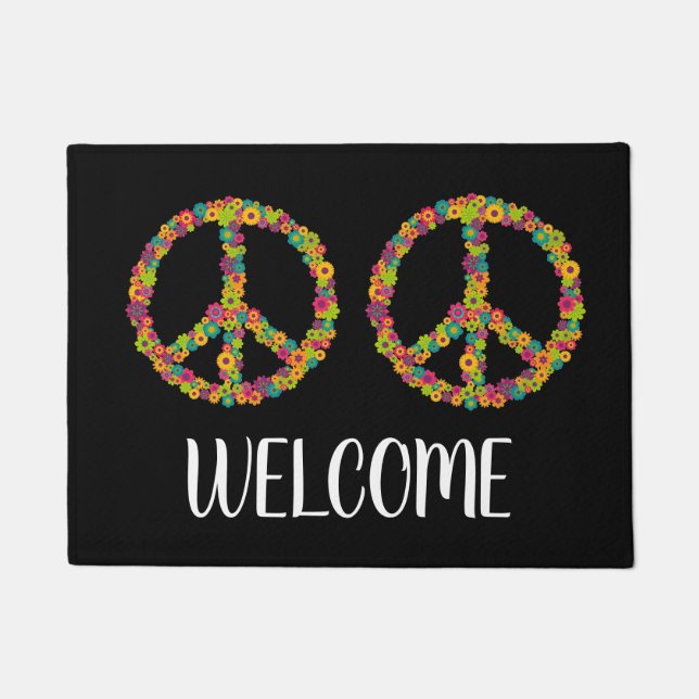 Colourful peace hippy 60s welcome mat (Front)