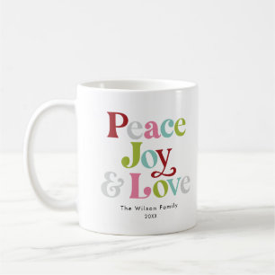 Colourful Peace Joy & Love Retro Christmas Family Coffee Mug