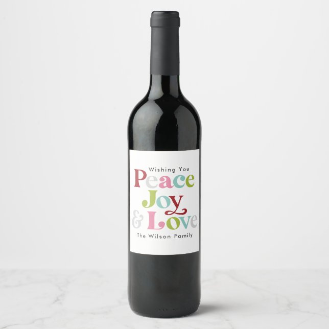 Colourful Peace Joy & Love Retro Christmas Family Wine Label (Front)