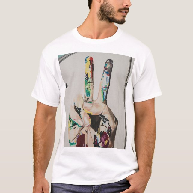 Colourful Peace Sign Hand Graphic Basic T-Shirt (Front)