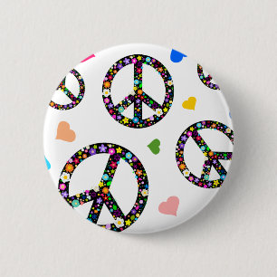 Colourful Peace symbol, flowers and Hearts 2 Inch Round Button