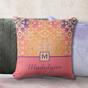 Colourful Peach Purple Damask Monogram  Throw Pillow