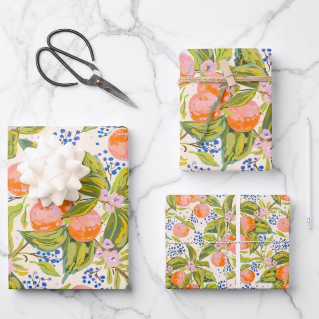 Colourful peaches with flowers  wrapping paper sheet (Front)