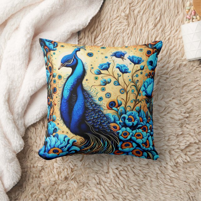 Colourful Peacock Among Vibrant Blue Flowers Throw Pillow (Blanket)