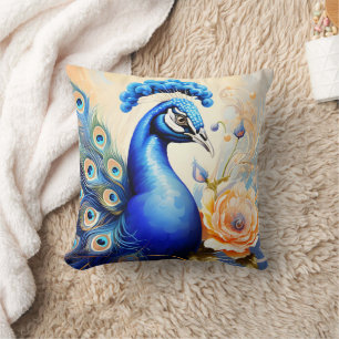 Colourful Peacock Among Vibrant Flowers Throw Pillow
