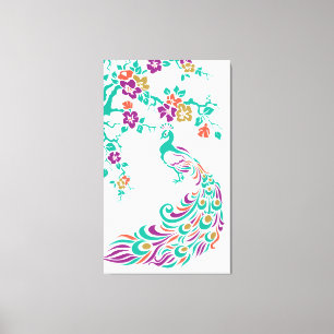 Colourful peacock and cherry blossoms custom canvas print