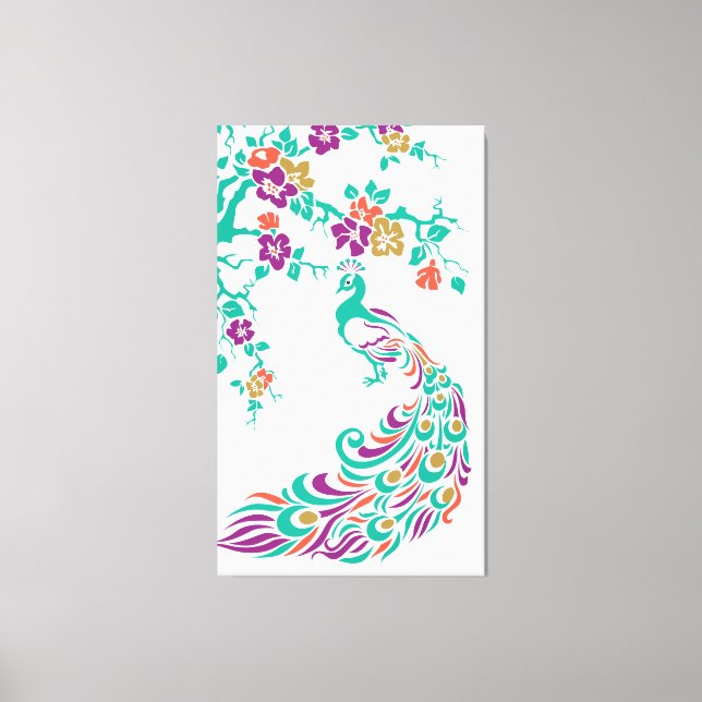 Colourful peacock and cherry blossoms custom canvas print (Front)