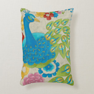 Colourful Peacock and Flowers Accent Pillow