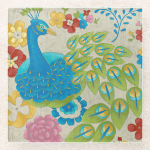 Colourful Peacock and Flowers Glass Coaster