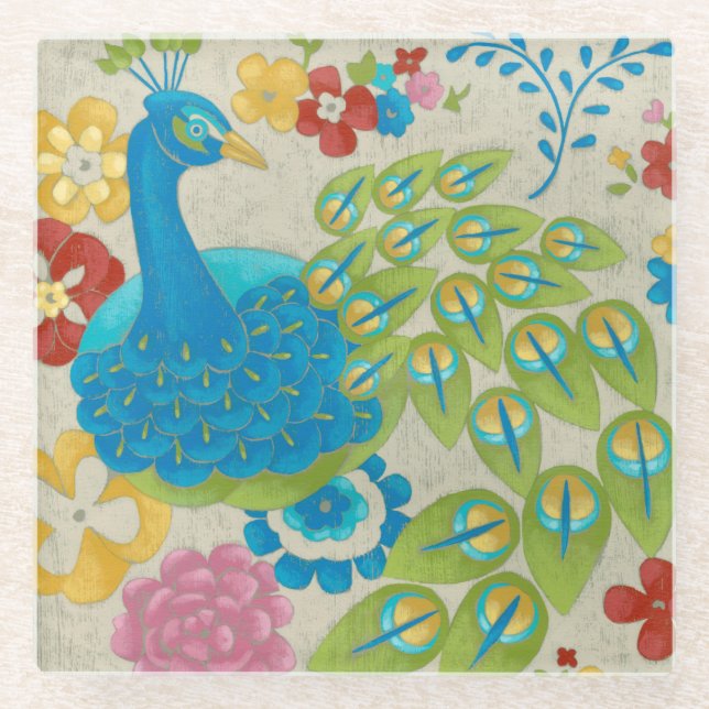 Colourful Peacock and Flowers Glass Coaster (Front)
