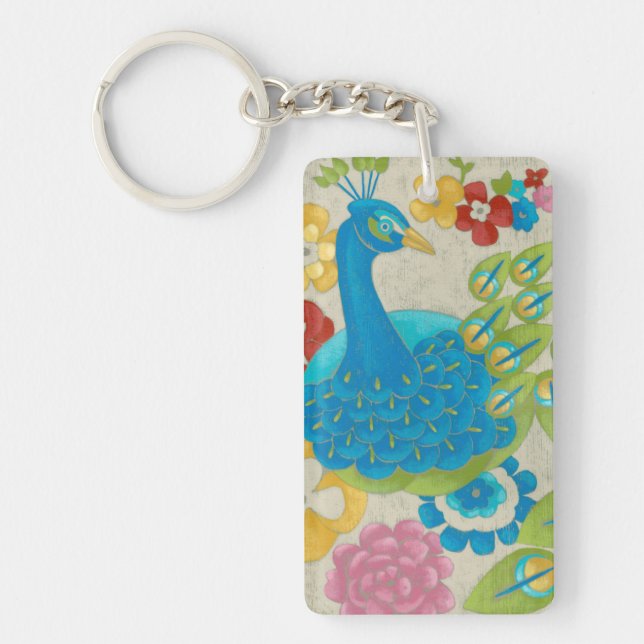 Colourful Peacock and Flowers Keychain (Front)