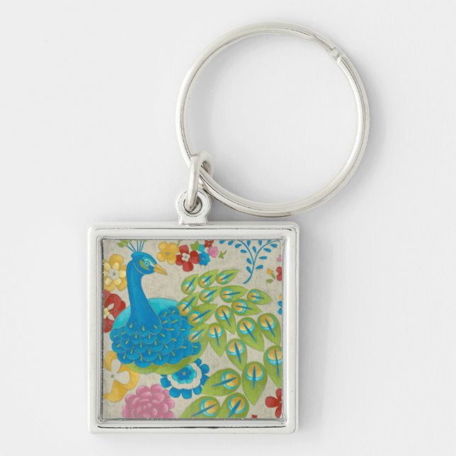 Colourful Peacock and Flowers Keychain (Front)