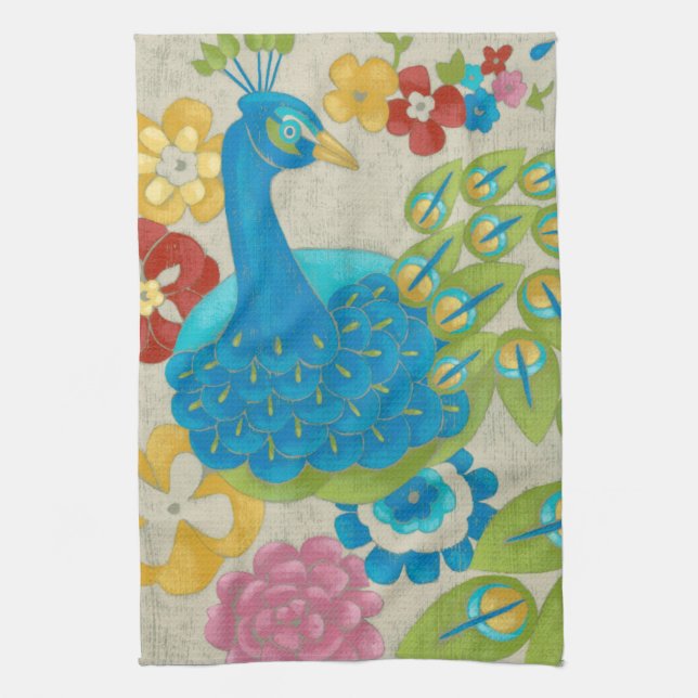 Colourful Peacock and Flowers Kitchen Towel (Vertical)