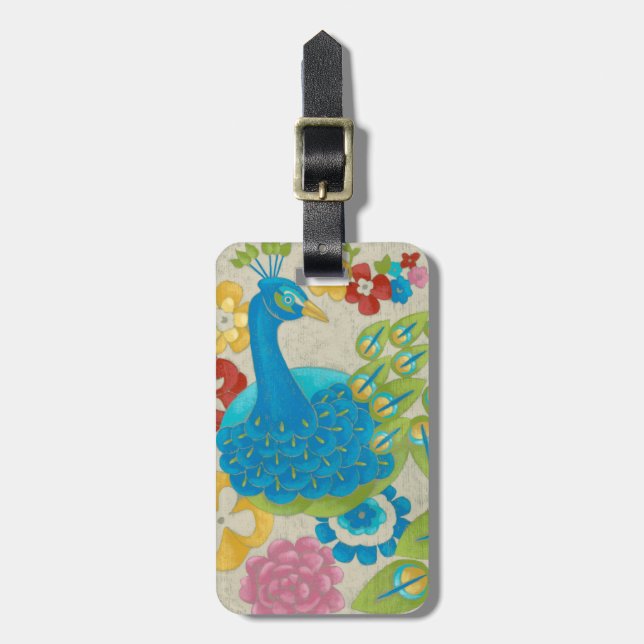Colourful Peacock and Flowers Luggage Tag (Front Vertical)