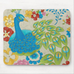 Colourful Peacock and Flowers Mouse Pad