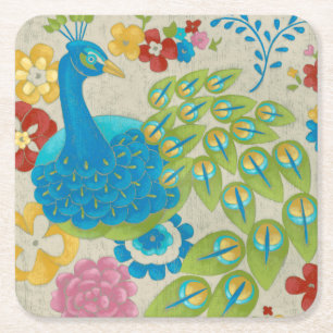 Colourful Peacock and Flowers Square Paper Coaster