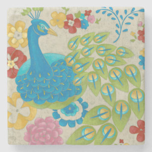 Colourful Peacock and Flowers Stone Coaster