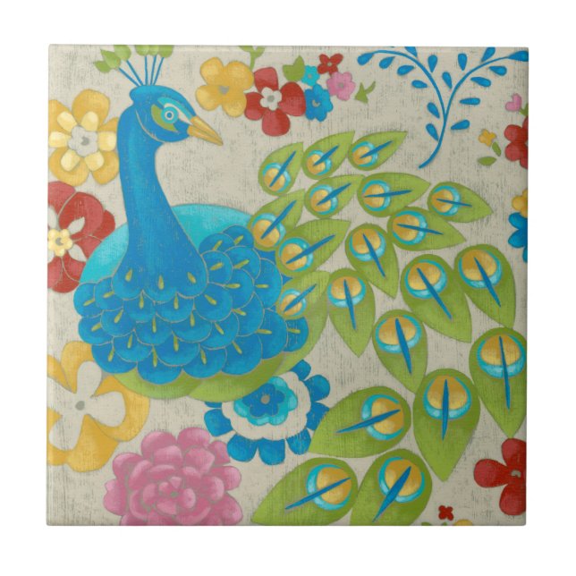 Colourful Peacock and Flowers Tile (Front)