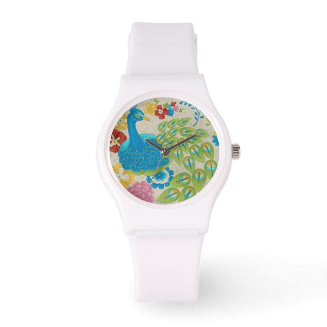 Colourful Peacock and Flowers Watch (Front)