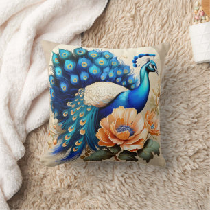 Colourful Peacock Displaying Feathers Among Flower Throw Pillow