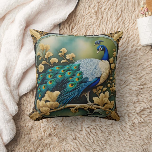 Colourful Peacock Displaying Feathers in Nature Throw Pillow (Blanket)