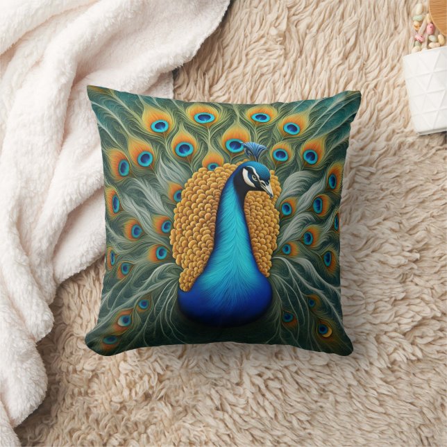 Colourful Peacock Displaying Feathers in Nature Throw Pillow (Blanket)