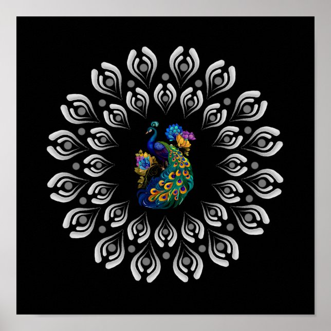 Colourful Peacock Dotting Mandala Template Poster (Front)