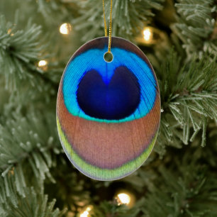 Colourful Peacock Feather Eyespot Holiday Ceramic Ornament