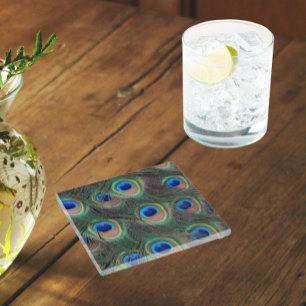 Colourful Peacock Feather Eyespot Pattern Glass Coaster