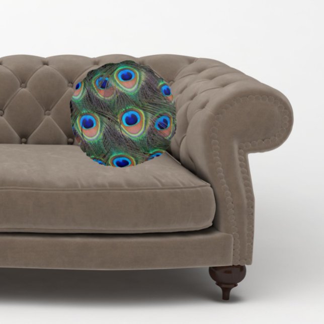 Colourful Peacock Feather Eyespot Pattern Round Pillow (In Situ Sofa)
