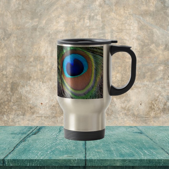 Colourful Peacock Feather Eyespot Pattern Travel Mug (In Situ)
