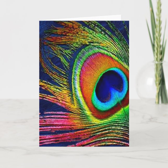 Colourful Peacock Feather Print Card (Front)