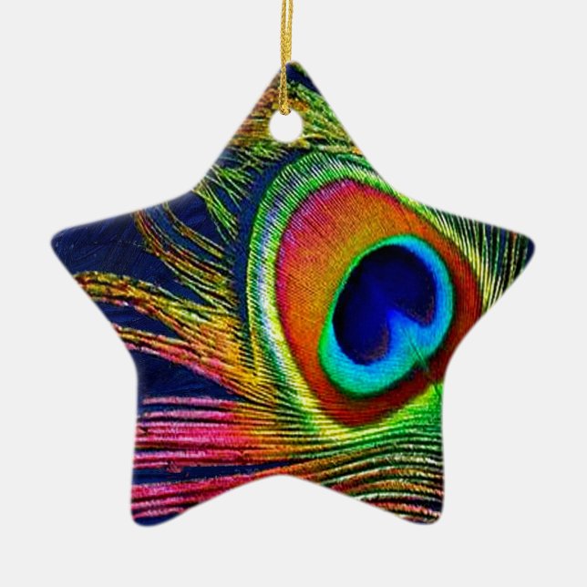 Colourful Peacock Feather Print Ceramic Ornament (Front)