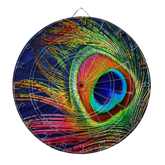 Colourful Peacock Feather Print Dartboard (Front)