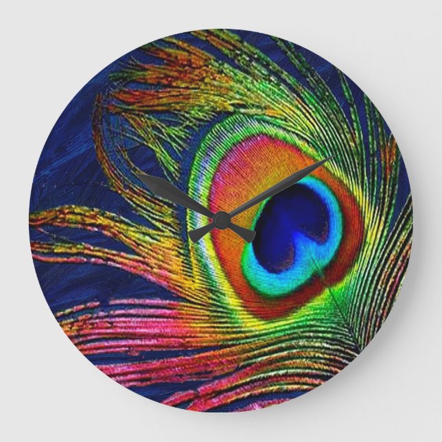 Colourful Peacock Feather Print Large Clock (Front)