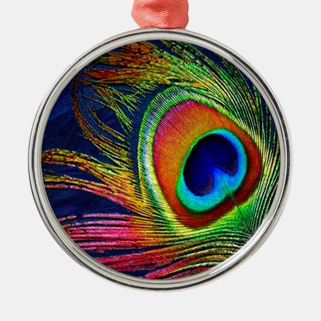 Colourful Peacock Feather Print Metal Ornament (Front)