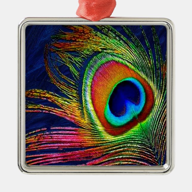 Colourful Peacock Feather Print Metal Ornament (Front)