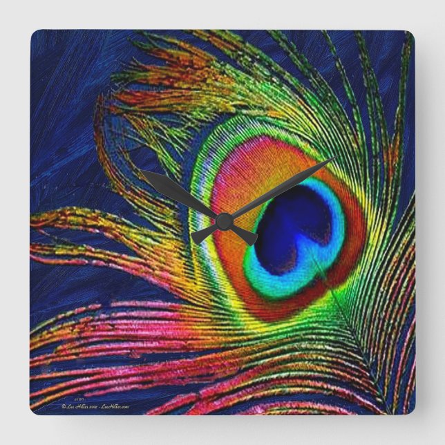Colourful Peacock Feather Print Square Wall Clock (Front)