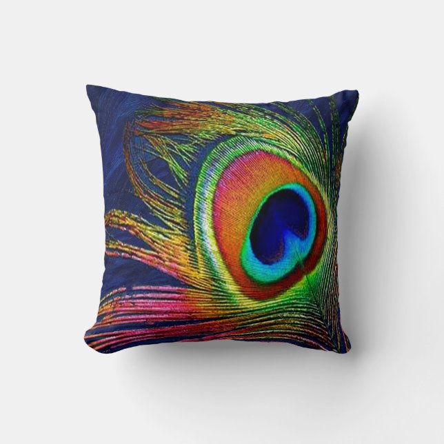 Colourful Peacock Feather Print Throw Pillow (Front)