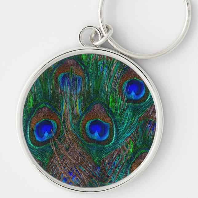 Colourful Peacock Feathers Etching Style Keychain (Front)