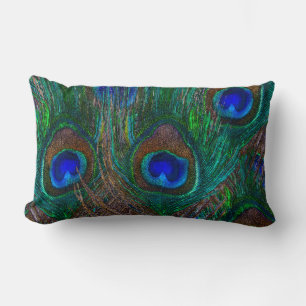 Colourful Peacock Feathers Etching Style Lumbar Pillow