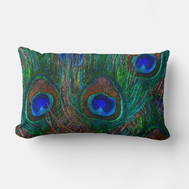 Colourful Peacock Feathers Etching Style Lumbar Pillow (Front)